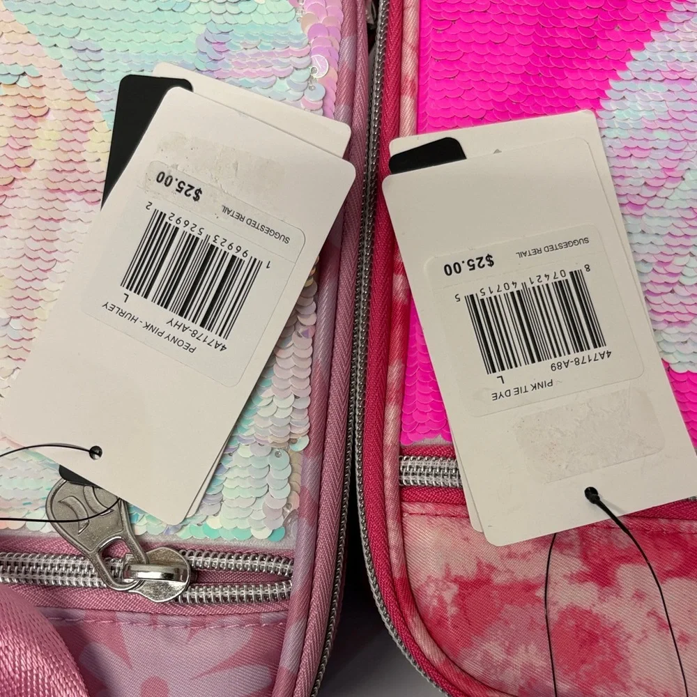 Set of 2 Hurley Lunch Box Tote Bags Flip Sequins Peony Pink Tie Dye NWT